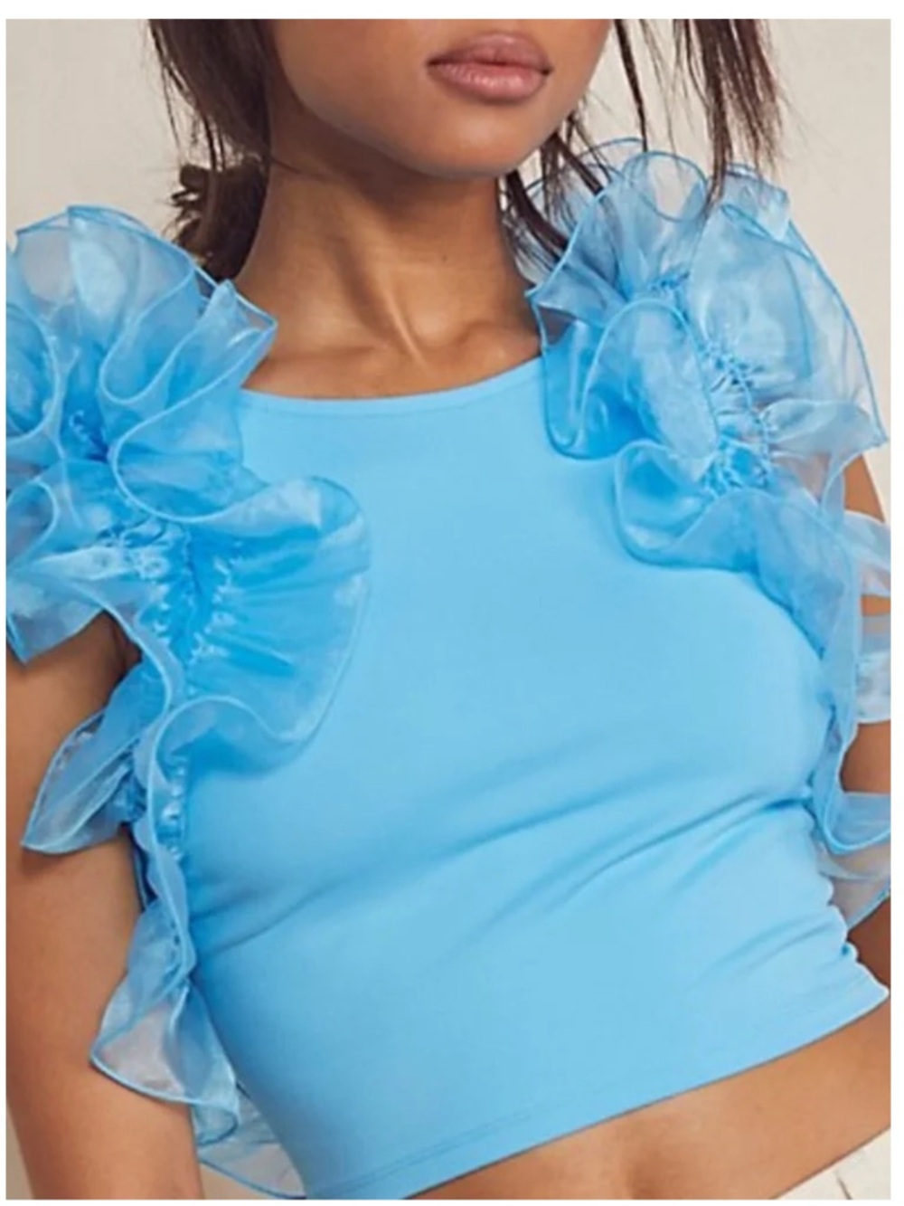 Free People “House Party” Organza Ruffle Crop Top Parrot Blue Size S/XS